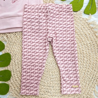 Conj. Casaco de Moletom Cavalinho com Flores Bordadas e Calça Legging - Rose